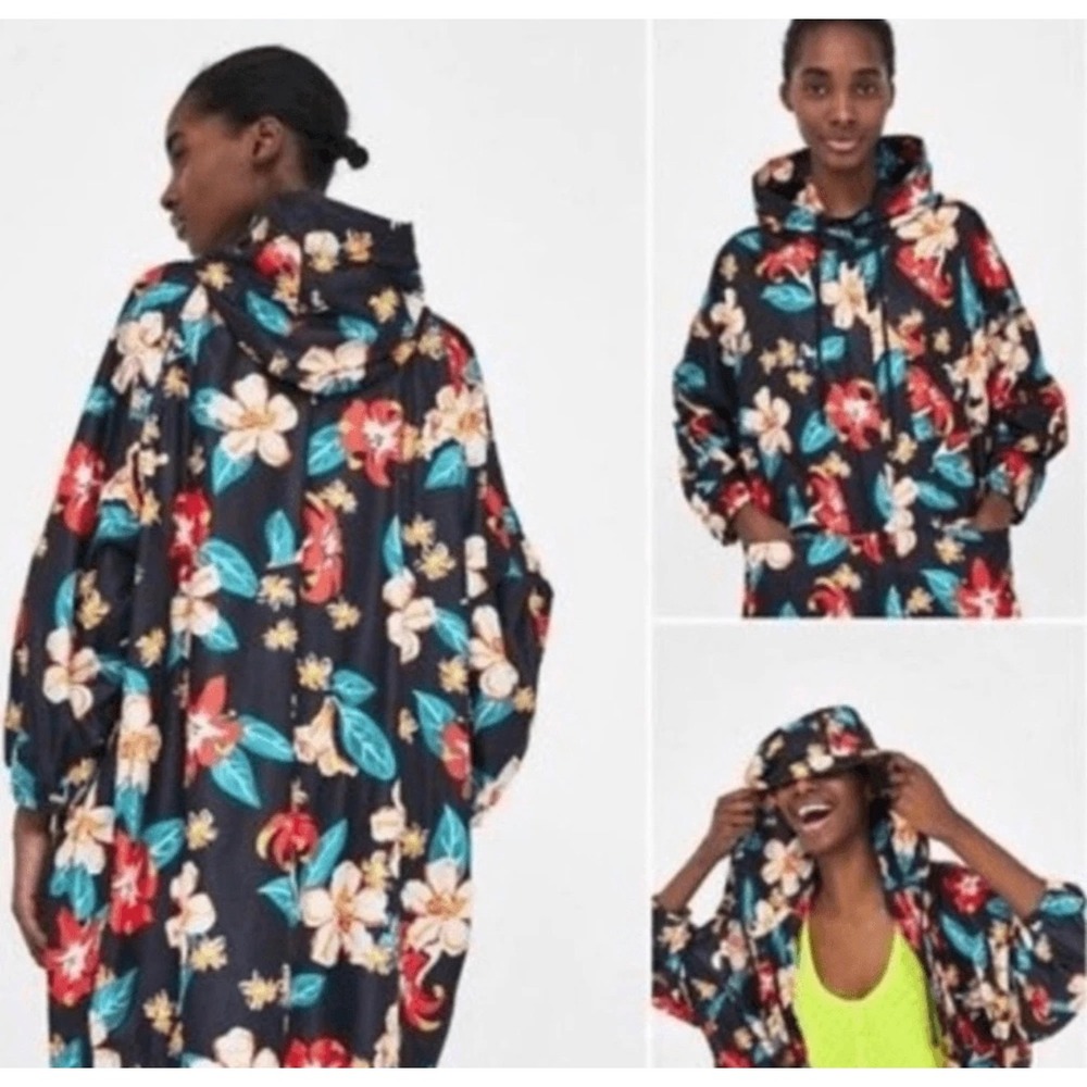 Zara Basic Floral Windbreaker Parka‎ Hooded Oversized Rain Jacket Black Medium